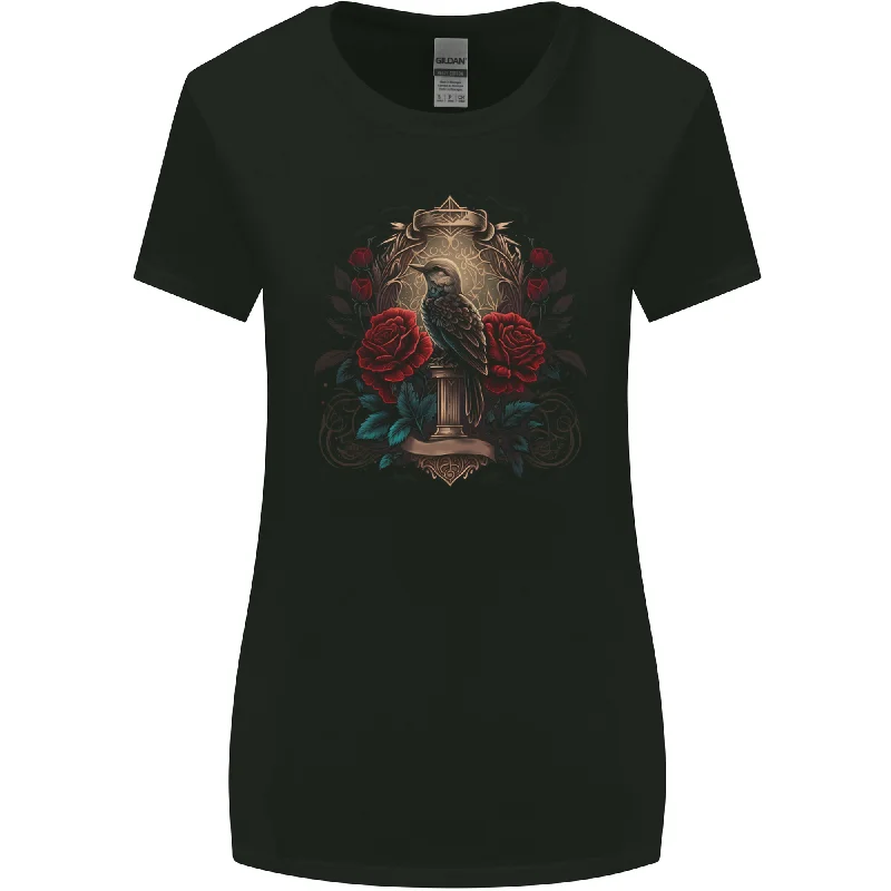 A Bird With a Gothic Vase and Roses Womens Wider Cut T-Shirt Chenille Fabric Brocade Fabric Lace Fabric