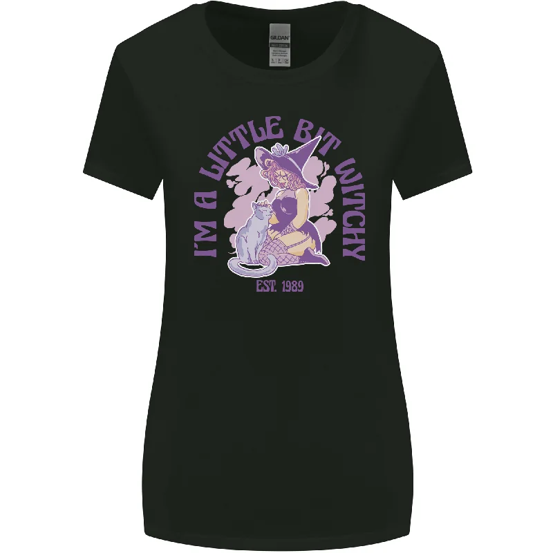 A Bit Witchy Funny Halloween Cat  Witch Womens Wider Cut T-Shirt Collared Crew Neck Turtle Neck