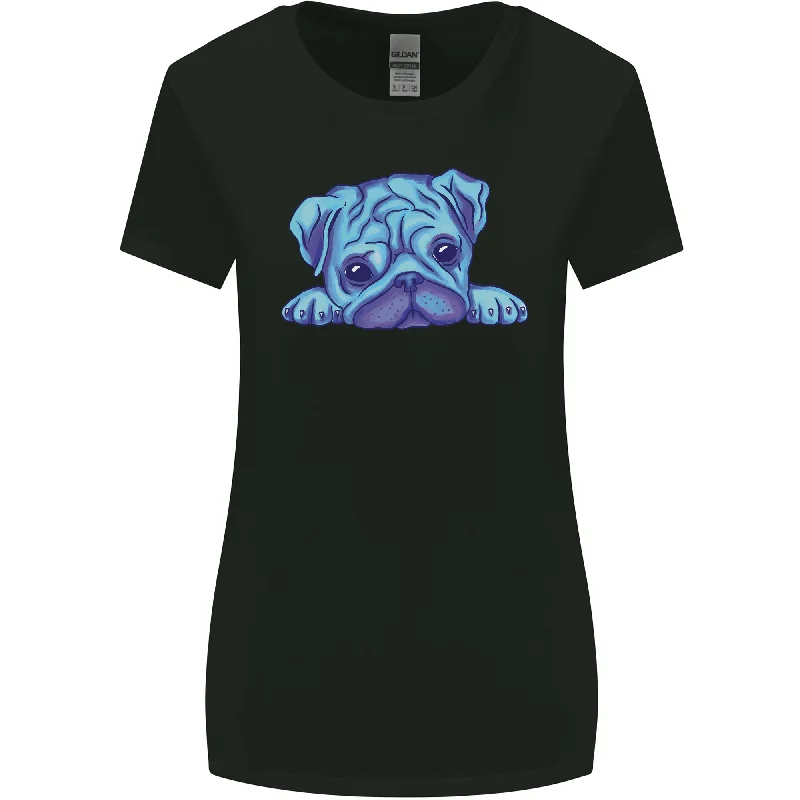 A Blue Watercolour Pug Womens Wider Cut T-Shirt Hooded Caped Shawl Collar