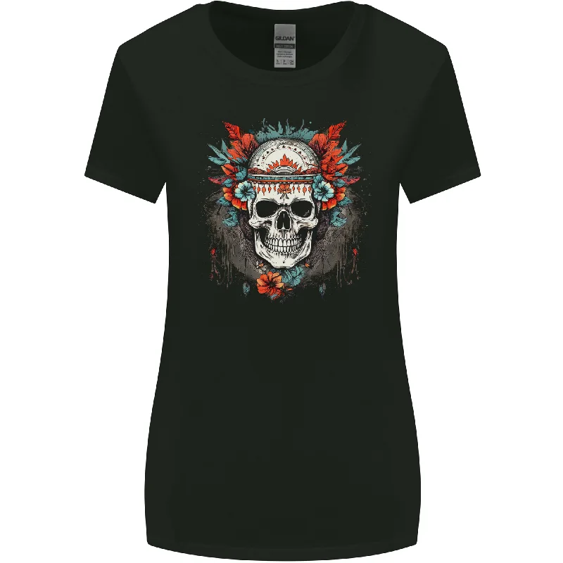 A Bohemian Style Tribal Skull Womens Wider Cut T-Shirt Modern Contemporary Chic