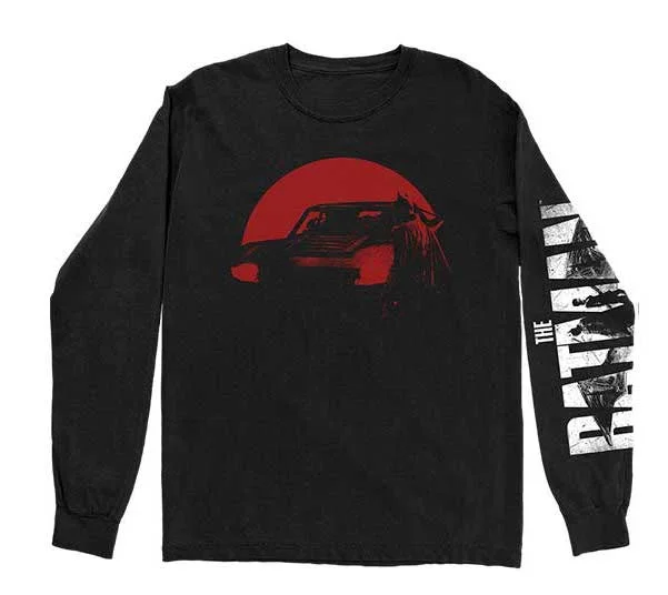 DC Comics Unisex Long Sleeved T-Shirt: The Batman Red Car & Figure (Back & Sleeve Print) Lace Blend Ribbed Blend Corduroy Blend