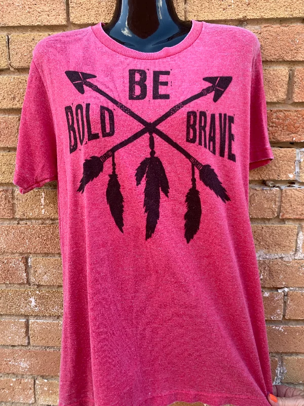 Be Bold Be Brave Red Acid Wash T-Shirt V-Neck T-Shirt Long Sleeve Cotton