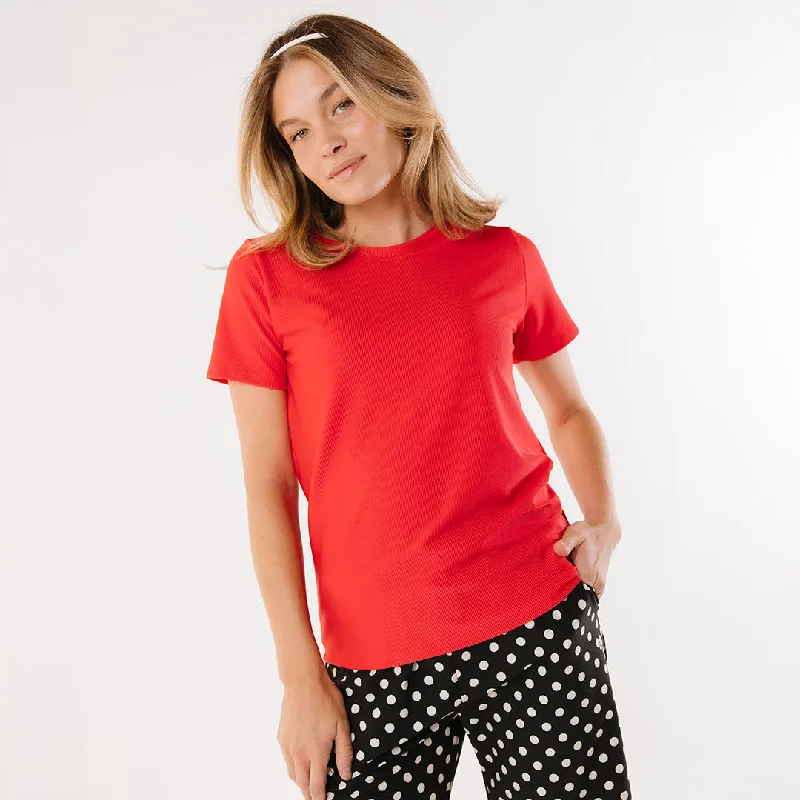 Ribbed Basic Tee, Red Fitted T-Shirt Seamless Stretchy