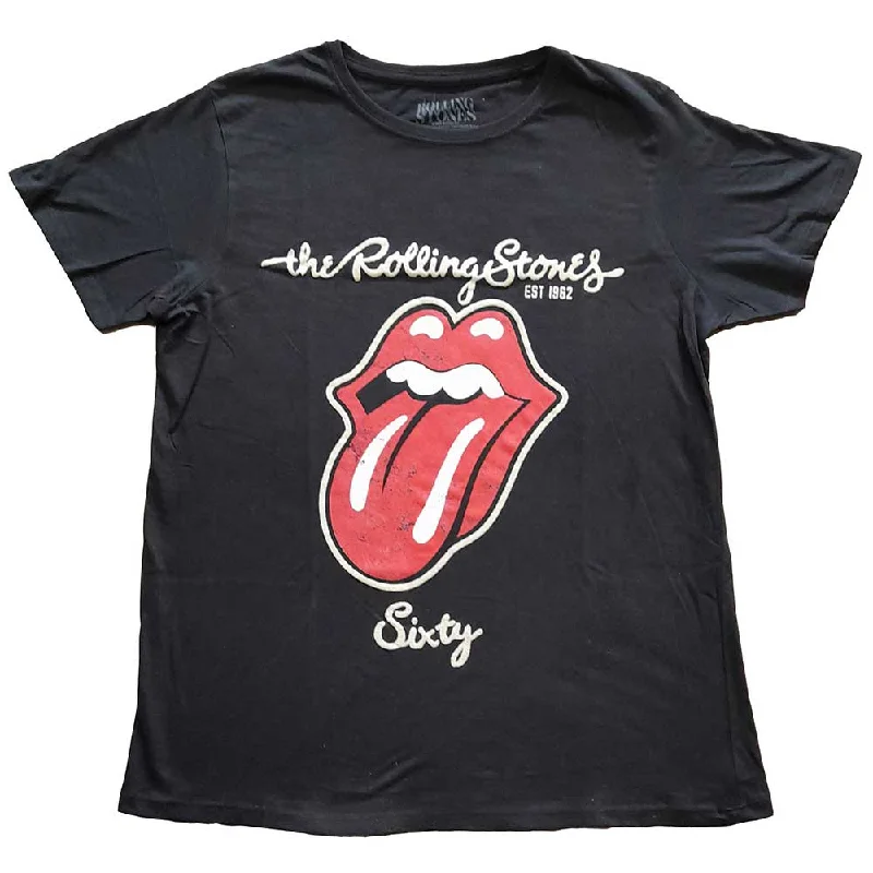 The Rolling Stones Ladies T-Shirt: Sixty Plastered Tongue (Suede Applique) Basic T-Shirt Crew Neck Short Sleeve