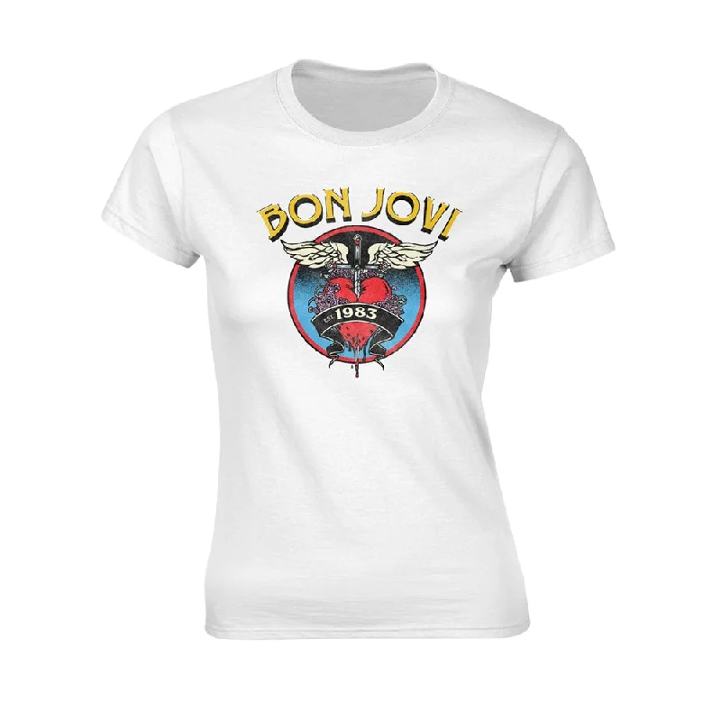 Bon Jovi Ladies T-shirt: Heart '83 Welt Pockets Slit Pockets Flap Pockets