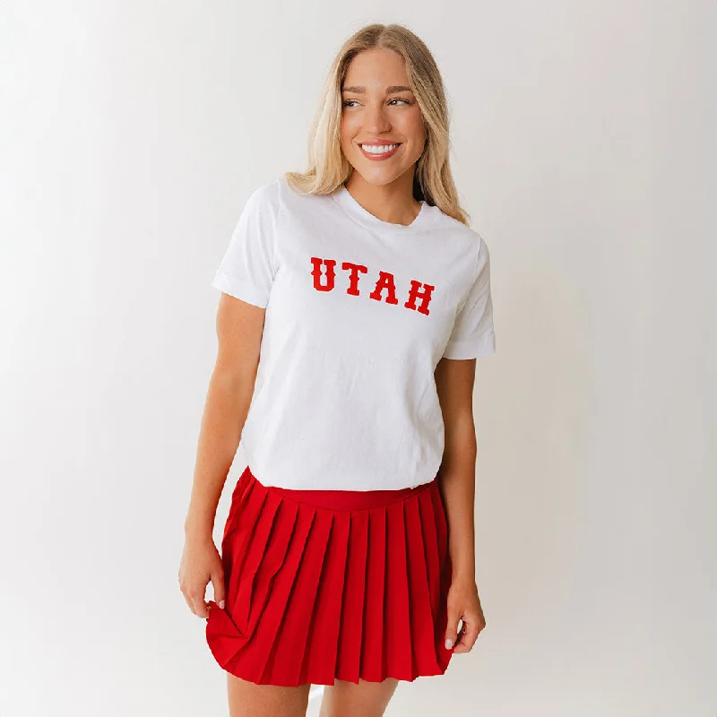 Utah Boyfriend Tee, White Crimson Western Polka Dot Checkered Tartan