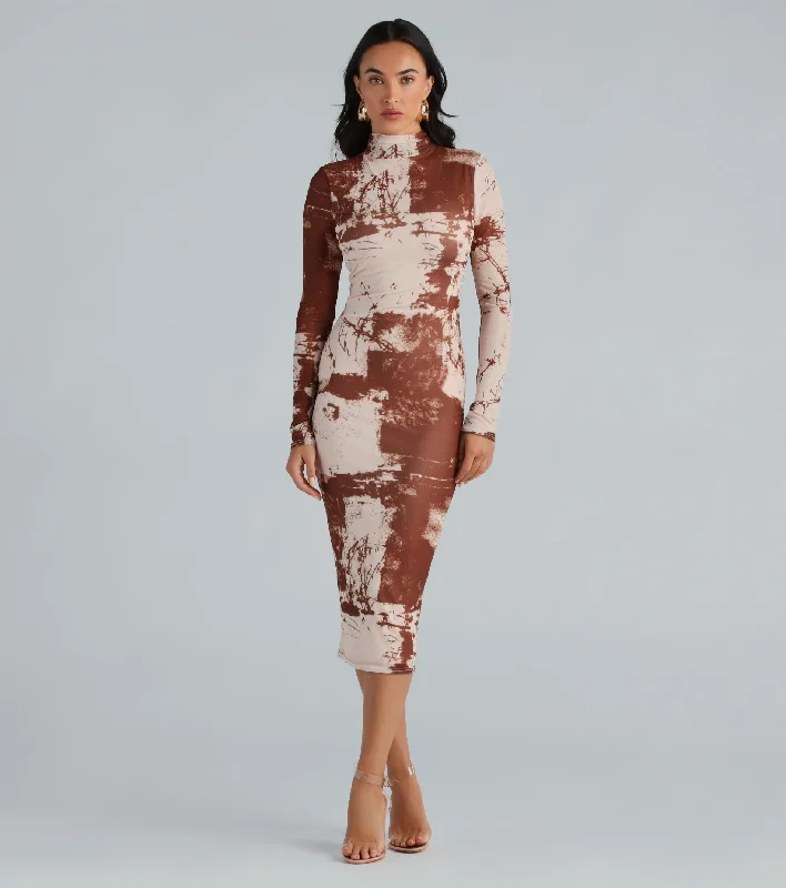 Abstract Moment Mesh Mock Neck Midi Dress Trendy A-Line Midi Dress