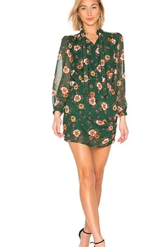 Green Mini Dress With Long Sleeves & Multicolour Floral Prints Fashionable Party Mini Dress