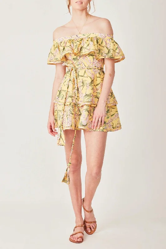 Capri Layer Mini Dress in Floral Yellow Cozy Satin Mini Dress