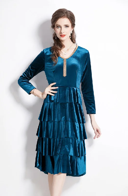 Elegant Velvet Midi Dress V-neck with Ruffles Comfortable Floral Print Midi Dress