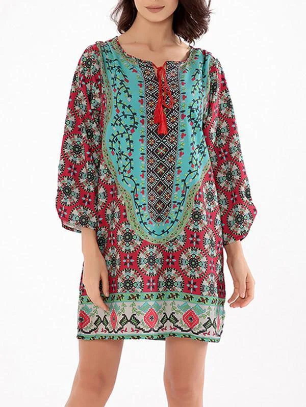 Beautiful Floral Bohemia Long Sleeve Round Neck Mini Dress Trendy Mesh Mini Dress