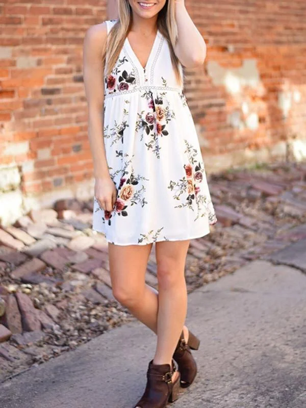 Beautiful White Bohemia Floral Sleeveless V Neck Mini Dress Casual High-Waist Mini Dress