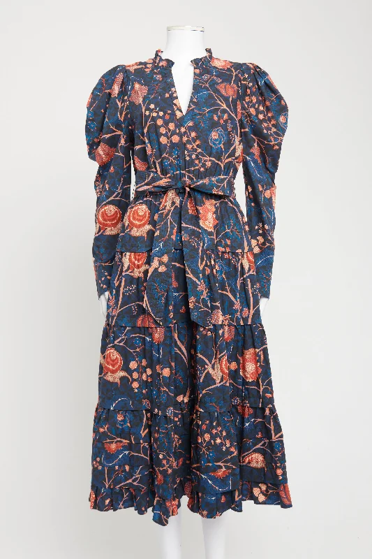 Blue Cotton Preowned Nanette Floral Midi Dress Elegant Pleated Sleeve Midi Dress