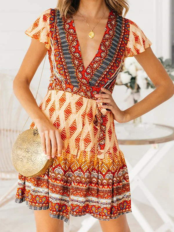 Bohemian Floral Pinrt Deep V-neck Summer Mini Dress Chic Sleeveless Mini Dress