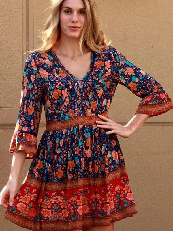 Boho Floral V Neck Ruffle Mini Dress Trendy Camisole Mini Dress