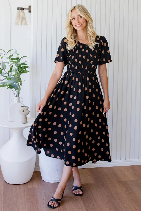 Candace Midi Dress Black Tan Spot Stylish Button-Down Midi Dress