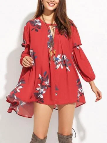 Chiffon Bohemia Floral Puff Sleeves V-neck Mini Dress Cozy Sweater Mini Dress