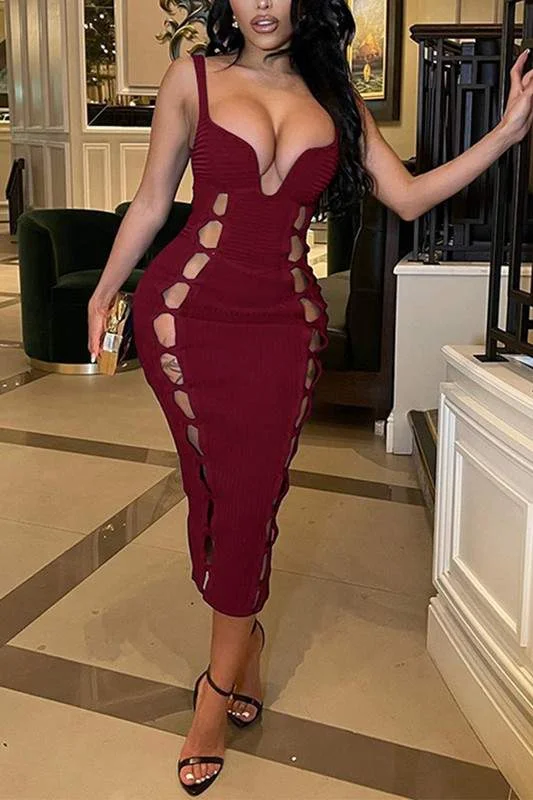 CUTOUT BODYCON MIDI DRESS Fashionable High-Low Midi Dress