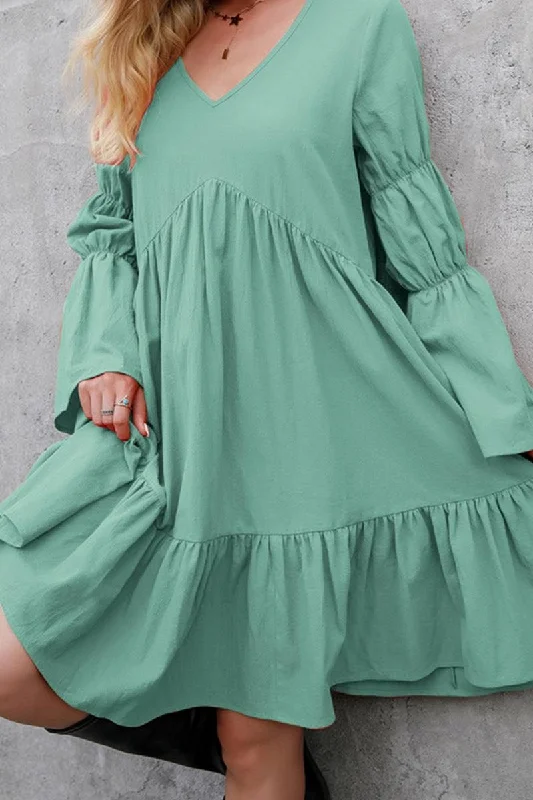 LONG SLEEVE RUFFLED MIDI DRESS Fashionable A-Line Midi Dress