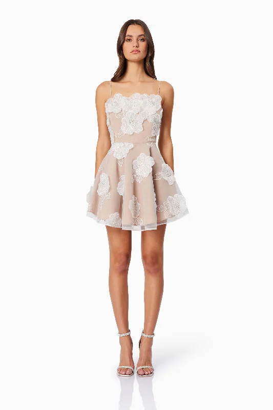 Dahlia 3D Floral Mini Dress in White Cozy Satin Mini Dress