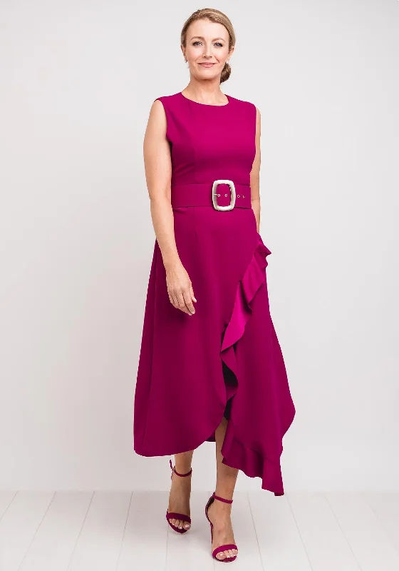 Exquise Belted Frill Trim Midi Dress, Fuschia Pink Chic Lace Detail Midi Dress