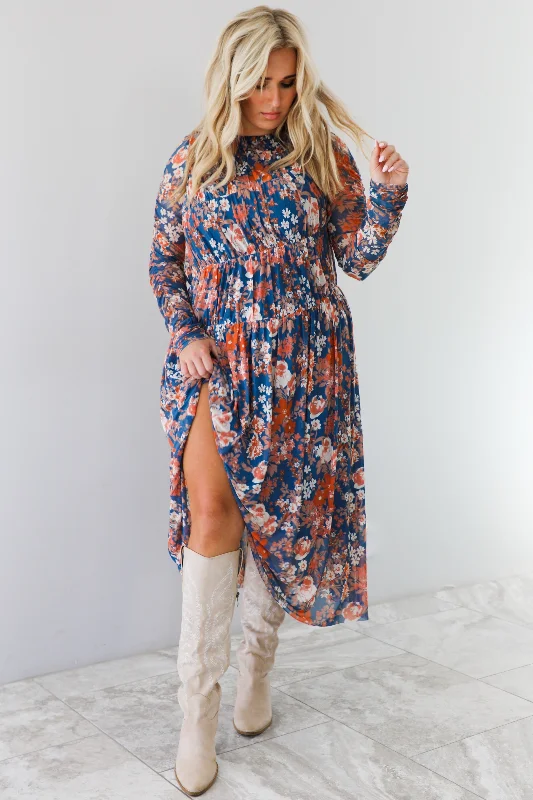 Fall Stroll Midi Dress: Navy/Multi Floral Trendy Ruffled Sleeve Midi Dress