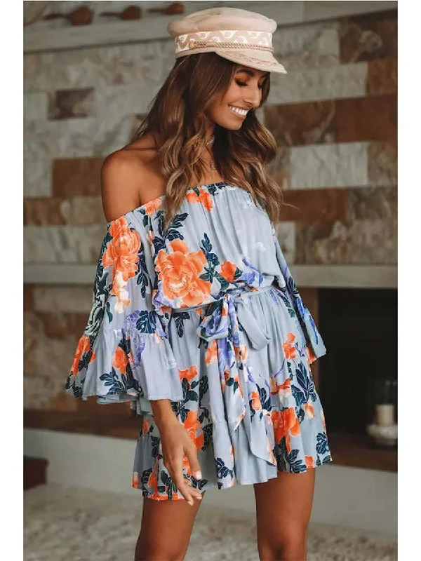 Flared Sleeve Floral Off Shoulder Backless Mini Dress Fashionable Mini Dress with Pockets