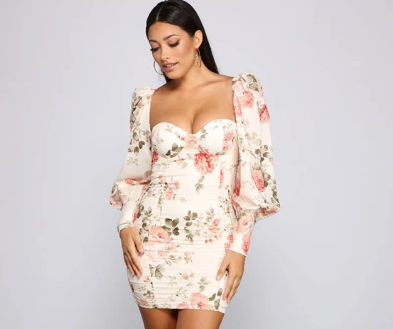 Floral Bloom Chiffon Mini Dress Fashionable Off-Shoulder Mini Dress