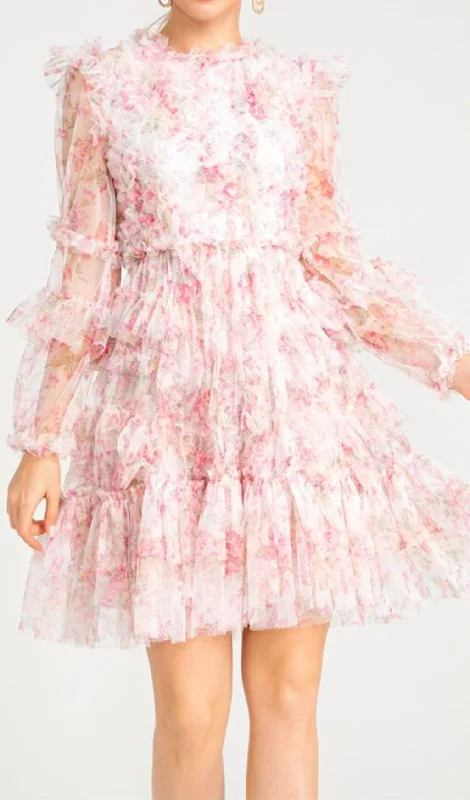 FLORAL MESH HEM MINI DRESS IN PINK Elegant Off-Shoulder Dress Mini