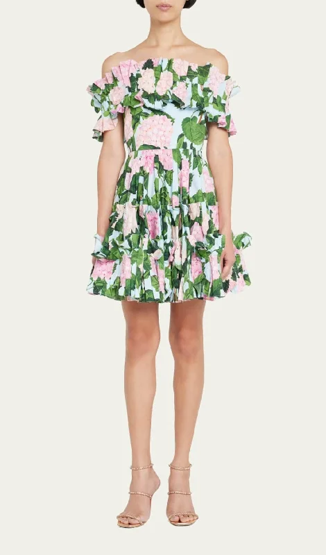 FLORAL-PRINT RUFFLE MINI DRESS IN OLIVE Casual High-Waist Mini Dress