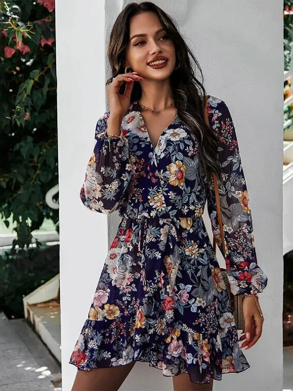 Floral Printed Long Sleeve V Neck Mini Dress Chic Pleated Mini Dress