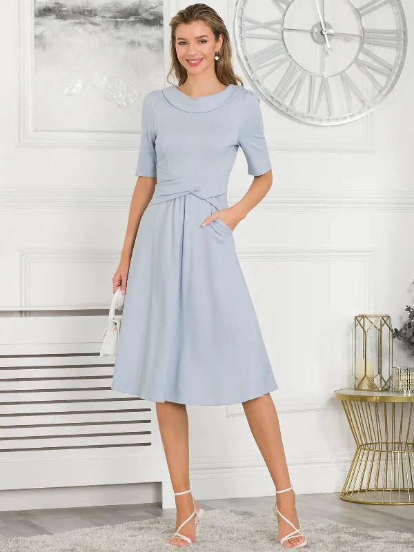 Jolie Moi Fold Over Fit and Flare Midi Dress, Dusky Blue Trendy Knit Midi Dress