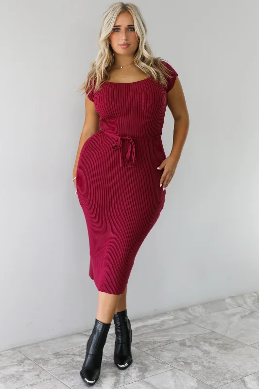 From The Start Midi Dress: Burgundy Fashionable Skater Midi Dress