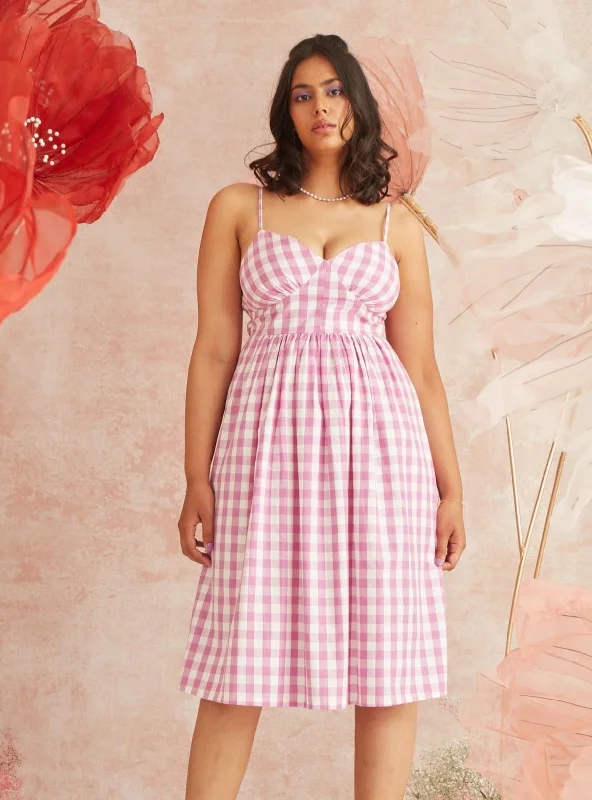 Georgie Pink Gingham Strappy Midi Dress Chic Lace Detail Midi Dress