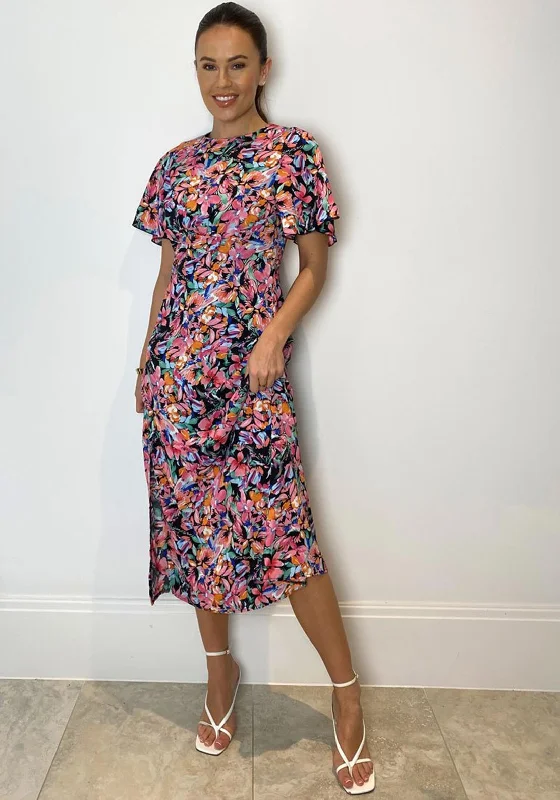 Girl In Mind Britney Floral Print Split Leg Midi Dress, Pink Multi Cozy Knit Midi Dress