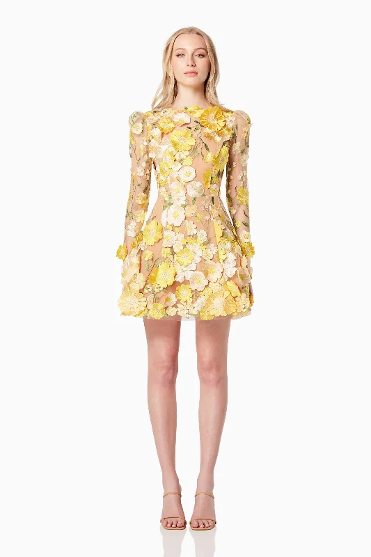 Goldenvoice 3D Floral Mini Dress In Yellow Comfortable One-Shoulder Mini Dress