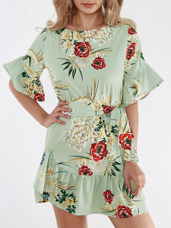 Green Random Floral Print Mini Dress With Half Flared Sleeves Fashionable Boho-Chic Mini Dress