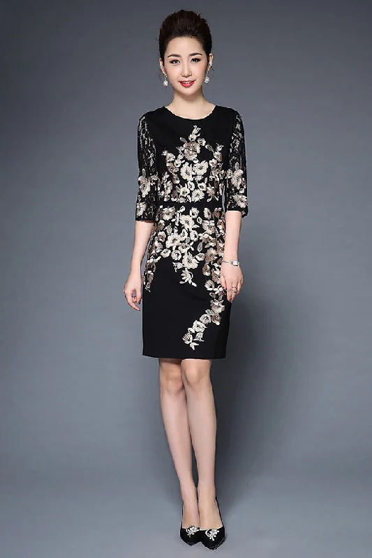 HALF SLEEVE EMBROIDERY MIDI DRESS Stylish Midi Dress with Cuffs