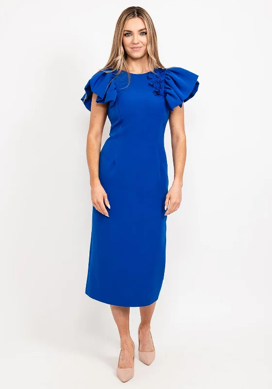 Herysa Puff Frill Shoulder Midi Dress, Royal Blue Cozy Knit Midi Dress