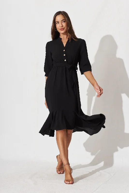 Jemimah Midi Dress In Black Crepe Elegant Puff Sleeve Midi Dress