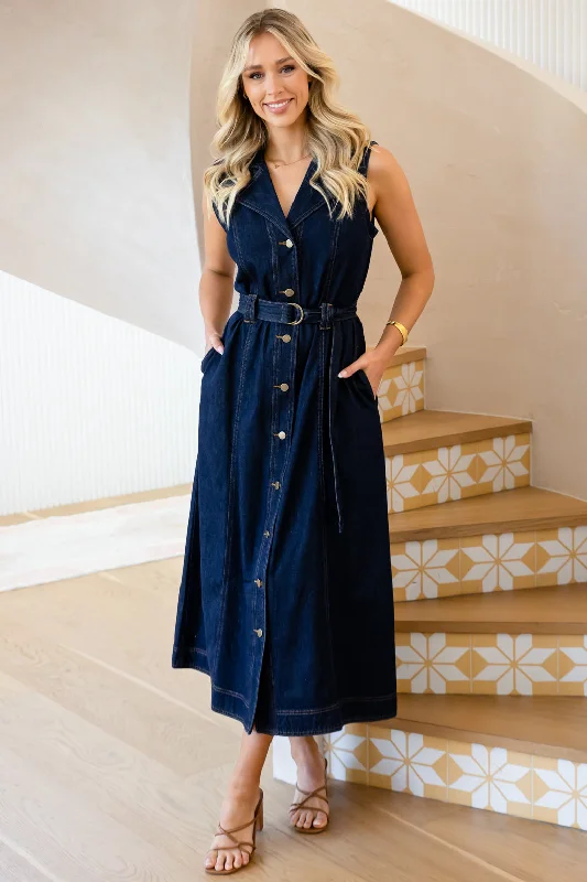 Jessica Denim Midi Dress Dark Indigo Fashionable Pleated Midi Dress