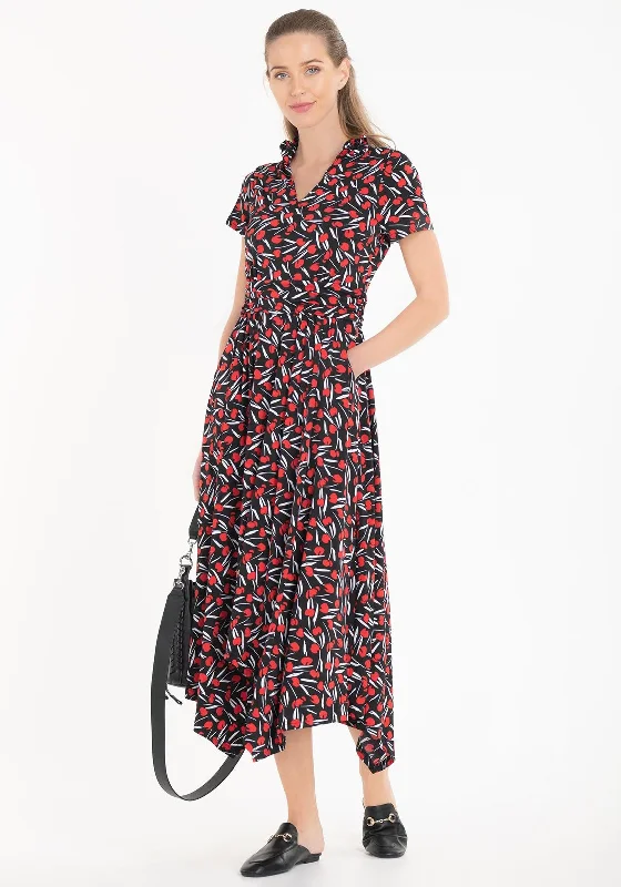 Jolie Moi Frill Collar Handkerchief Skirt Midi Dress, Black Multi Trendy Floral Wrap Midi Dress