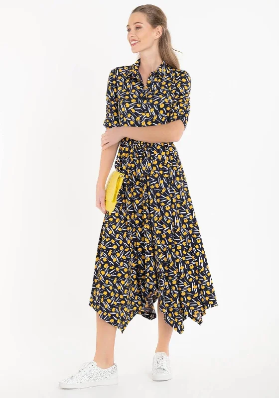 Jolie Moi Handkerchief Skirt Shirt Midi Dress, Yellow Multi Comfortable Ribbed Midi Dress