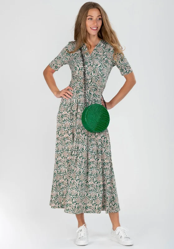 Jolie Moi Vintage Print Midi Dress, Green Multi Trendy Ruched Side Midi Dress