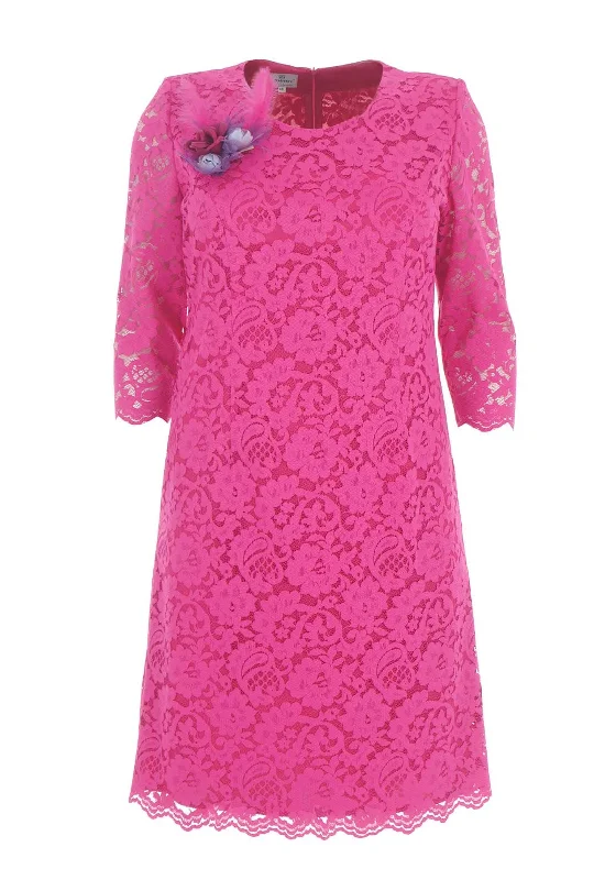 Jomhoy Dorotea Lace Midi Dress, Hot Pink Stylish Off-Shoulder Ruffle Dress