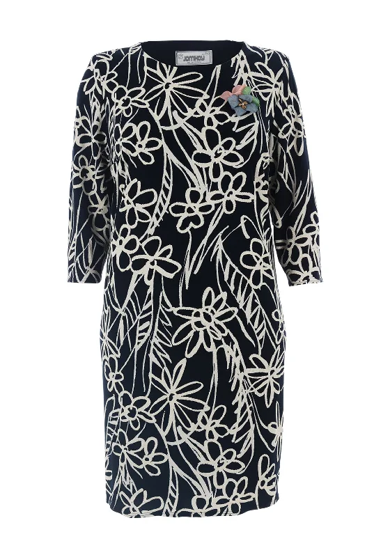 Jomhoy Libia Floral Midi Dress, Navy & Cream Trendy Flared Sleeve Midi Dress