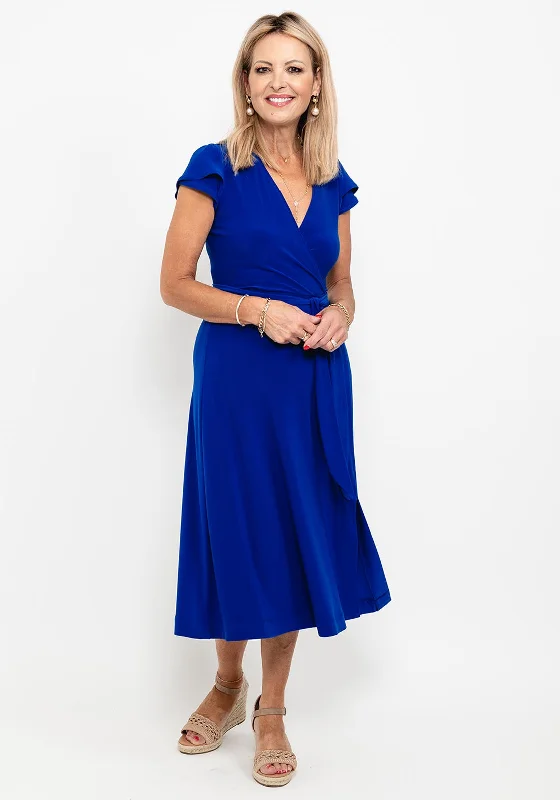 Joseph Ribkoff Wrap A-Line Midi Dress, Royal Blue Trendy Mock Neck Midi Dress