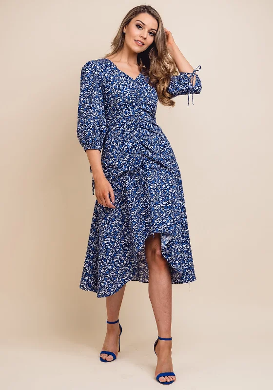 Jovonna Floral Ruched Midi Dress, Blue Cozy Midi Dress with Pockets