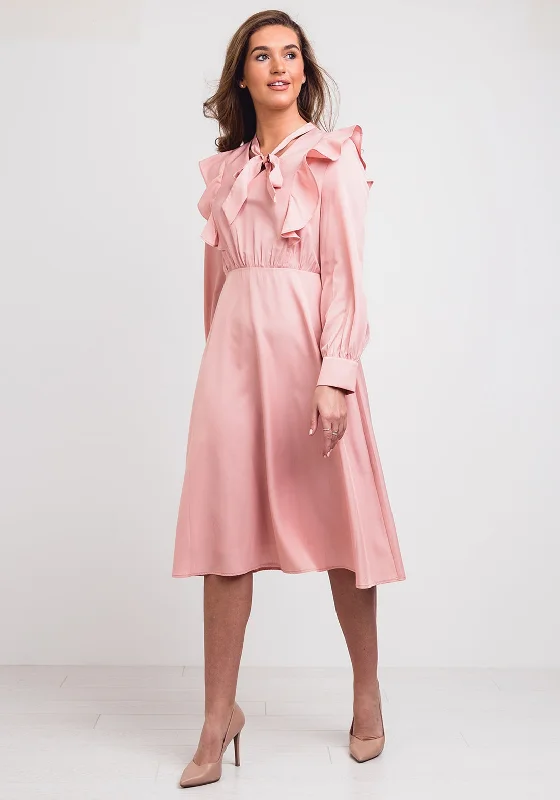 Jovonna Frill Trim A-Line Midi Dress, Pink Stylish Pleated Skirt Midi Dress