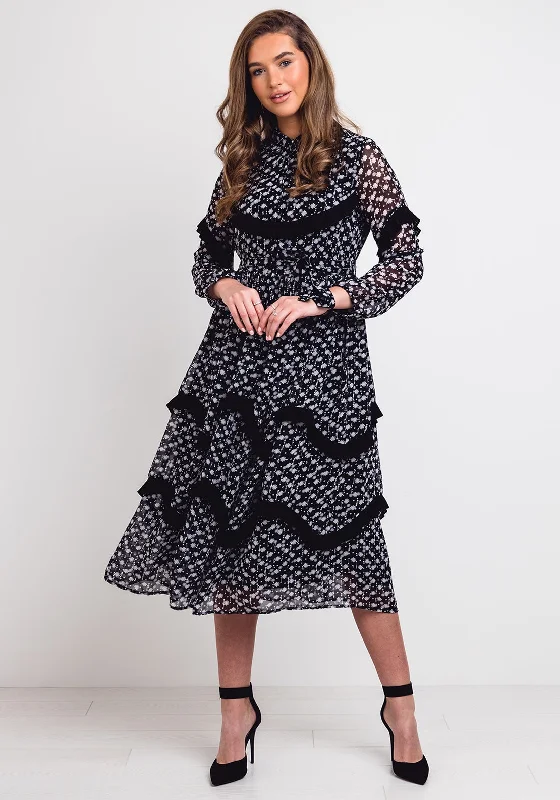 Jovonna Frill Trim Floral Midi Dress, Black Elegant Puff Sleeve Midi Dress